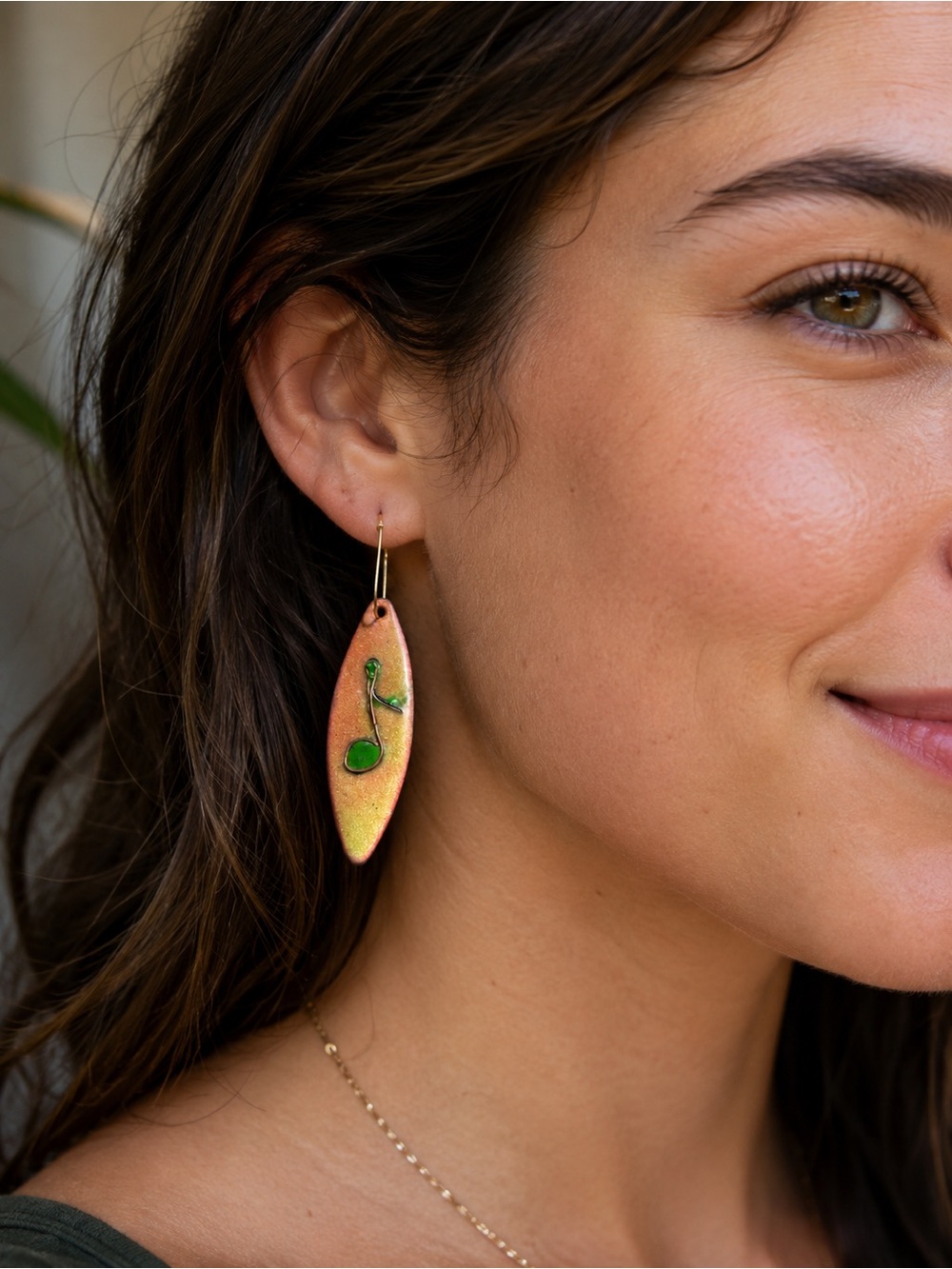 Leaf Drop Earrings with Green Accent